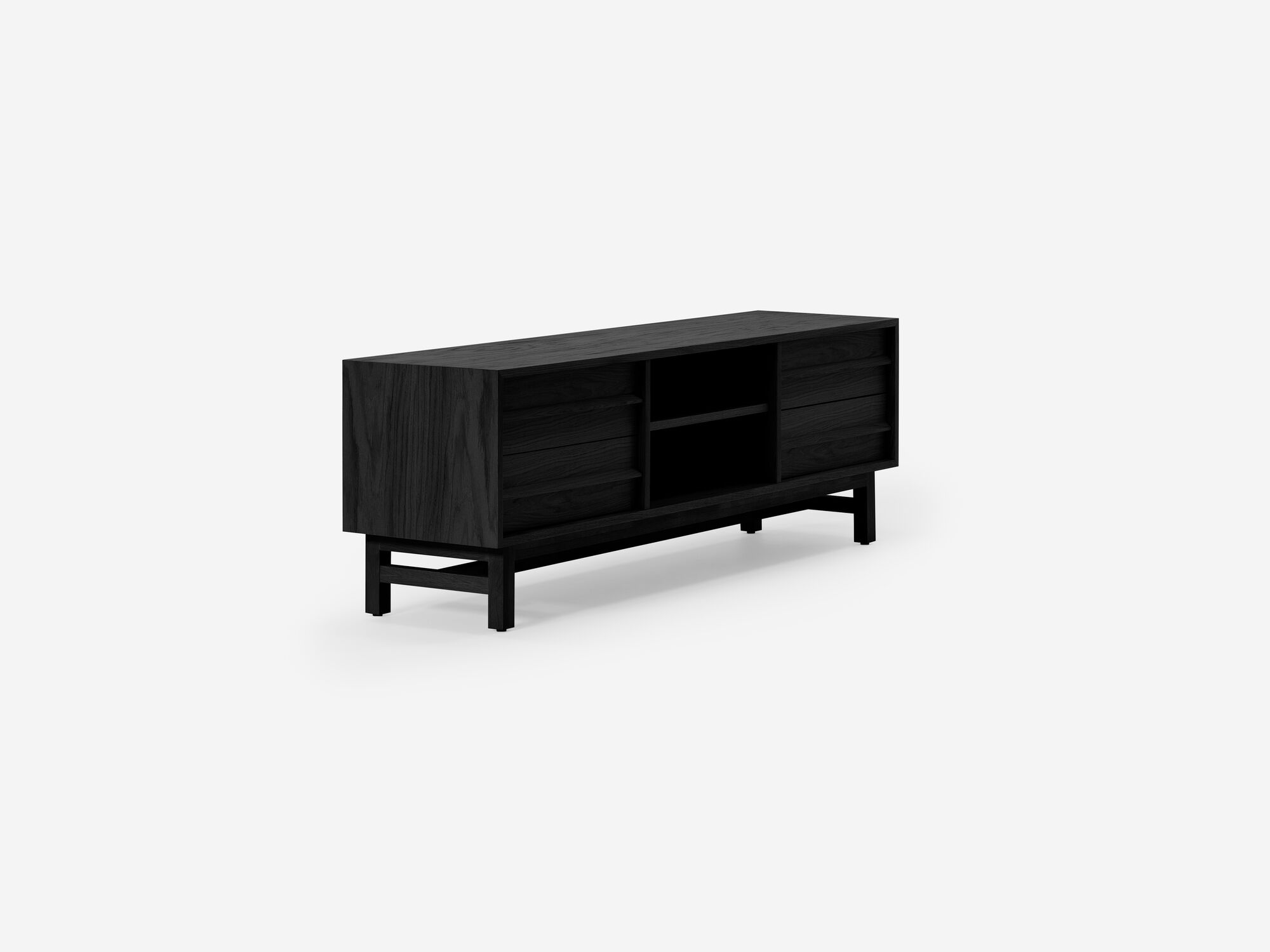 Small black oak media unit corner view